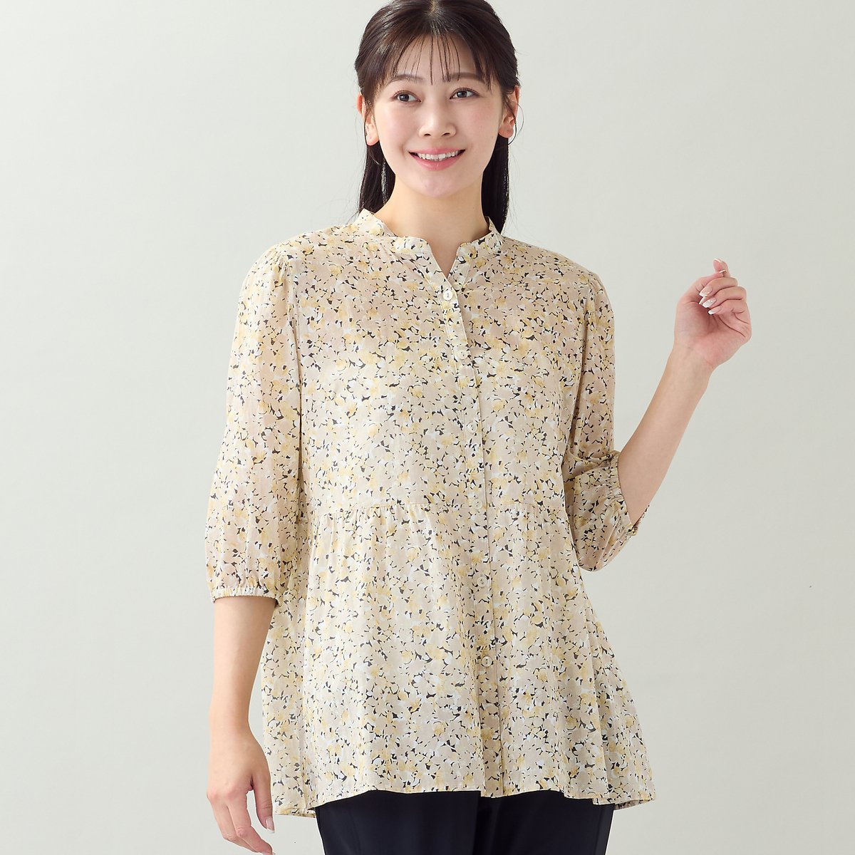 missel 【洗える・綿100%・L~4Lサイズ】綿ローン小花ブラウス ミゼール トップス シャツ・ブラウス ネイビー ベージュ