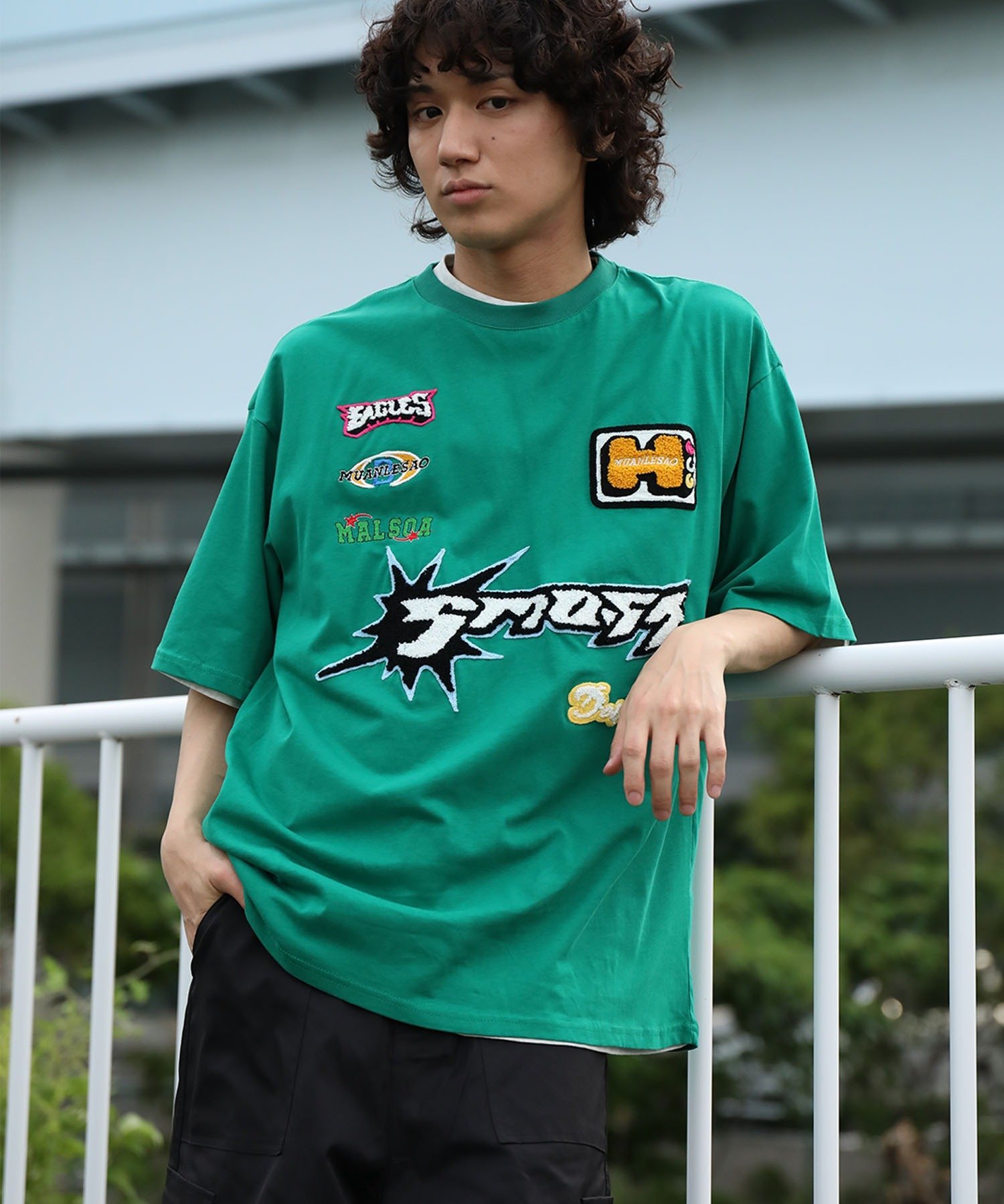 HOOK HOOK- アメカジ風ワッペン刺繍半袖TEE アイモハ トップス カットソー・Tシャツ ブルー ブラック グリーン