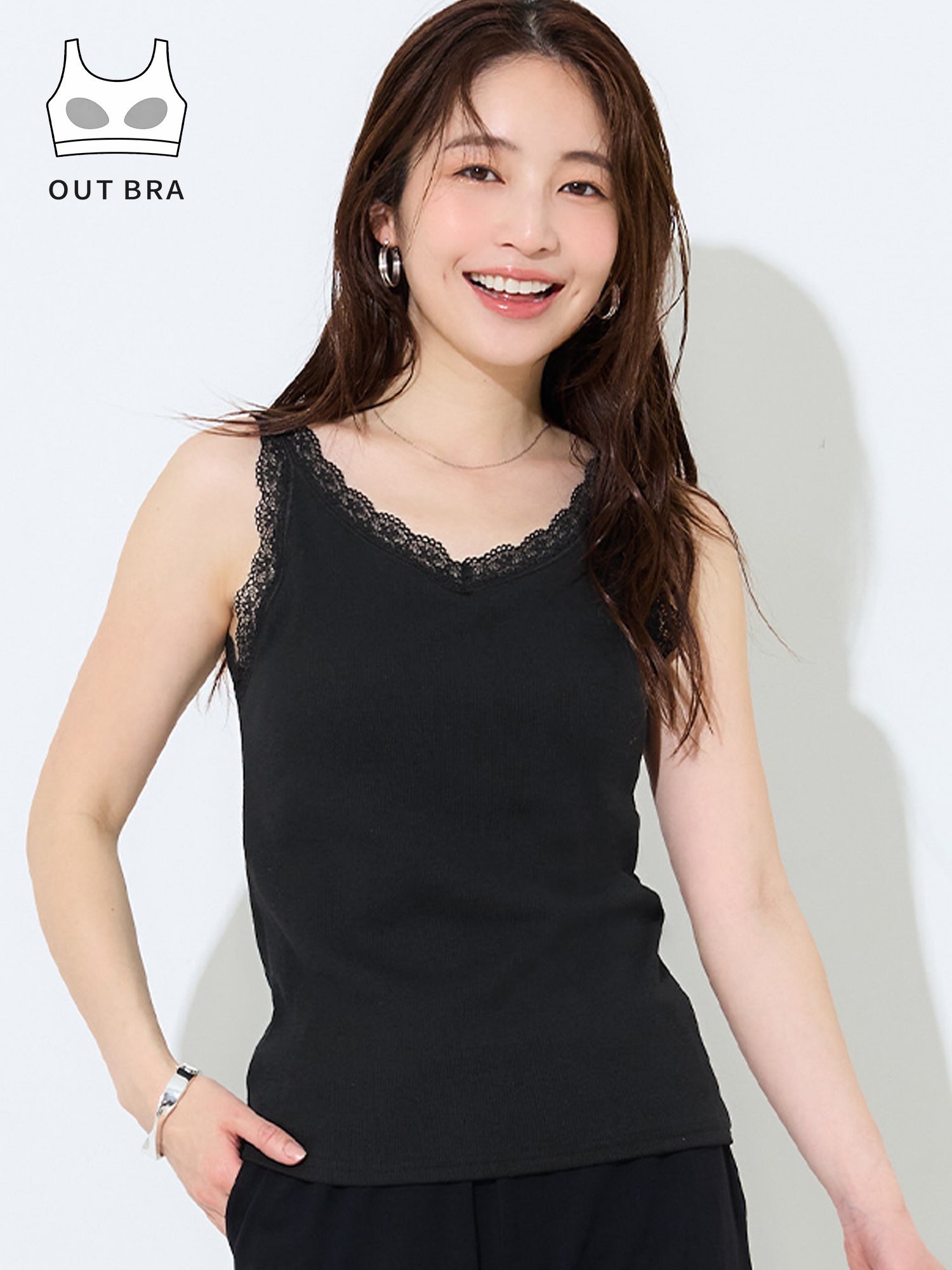 【カップ付き】OUT BRA レースタンクトップ コカ トップス ノースリーブ・タンクトップ カーキグリーン ブラック ホワイト