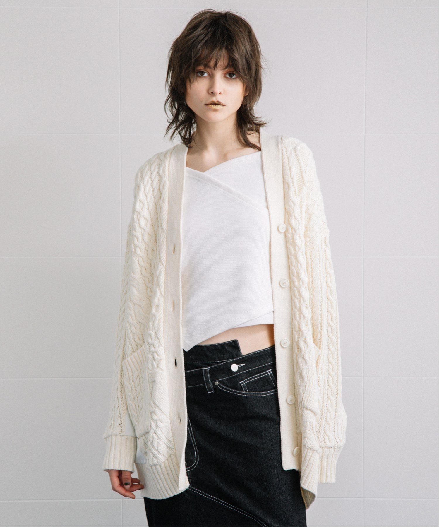 【SALE／30%OFF】AULA AILA CABLE KNIT CARDIGAN アウラアイラ トップス カーディガン ホワイト ネイビー ピンク【送料無料】のサムネイル