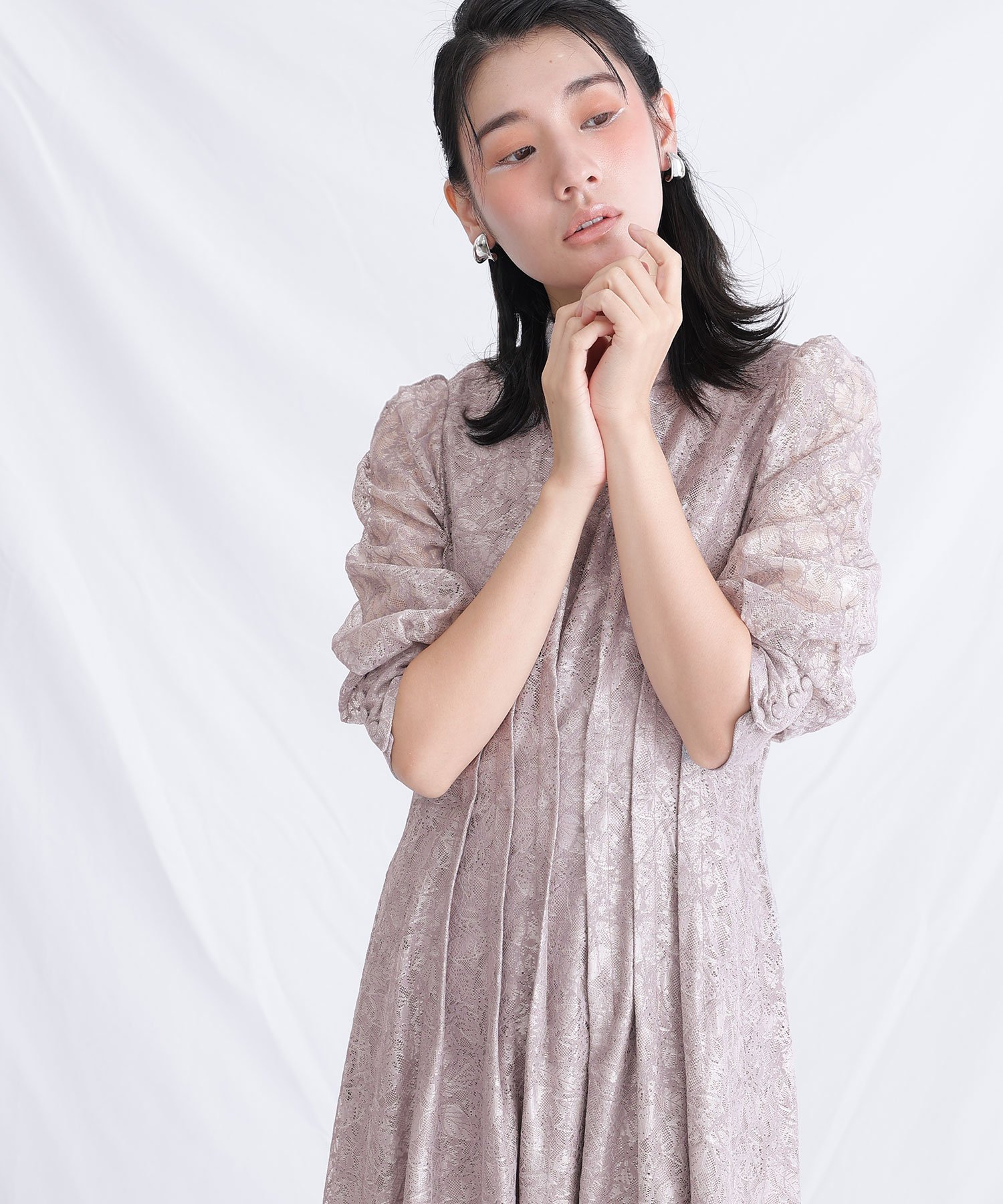 PourVous タックデザインハイネック結婚式オケージョンドレス同窓会パーティードレスお呼ばれ プールヴ..