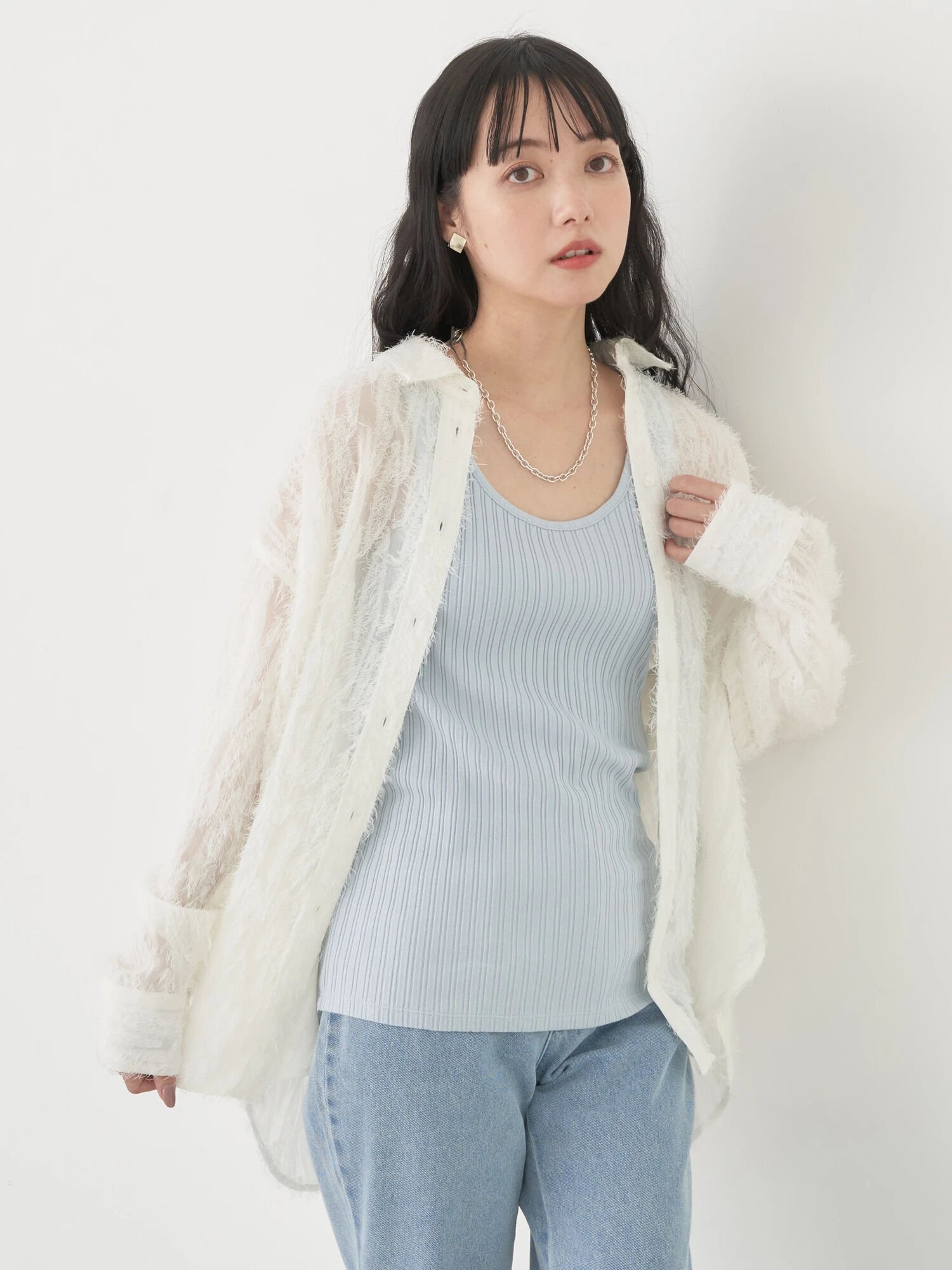 earth music&ecology ジャガードシャツ レディース/長袖/春/24SS アースミュージック&エコロジー トップス シャツ・ブラウス ホワイト ブラック ブルー