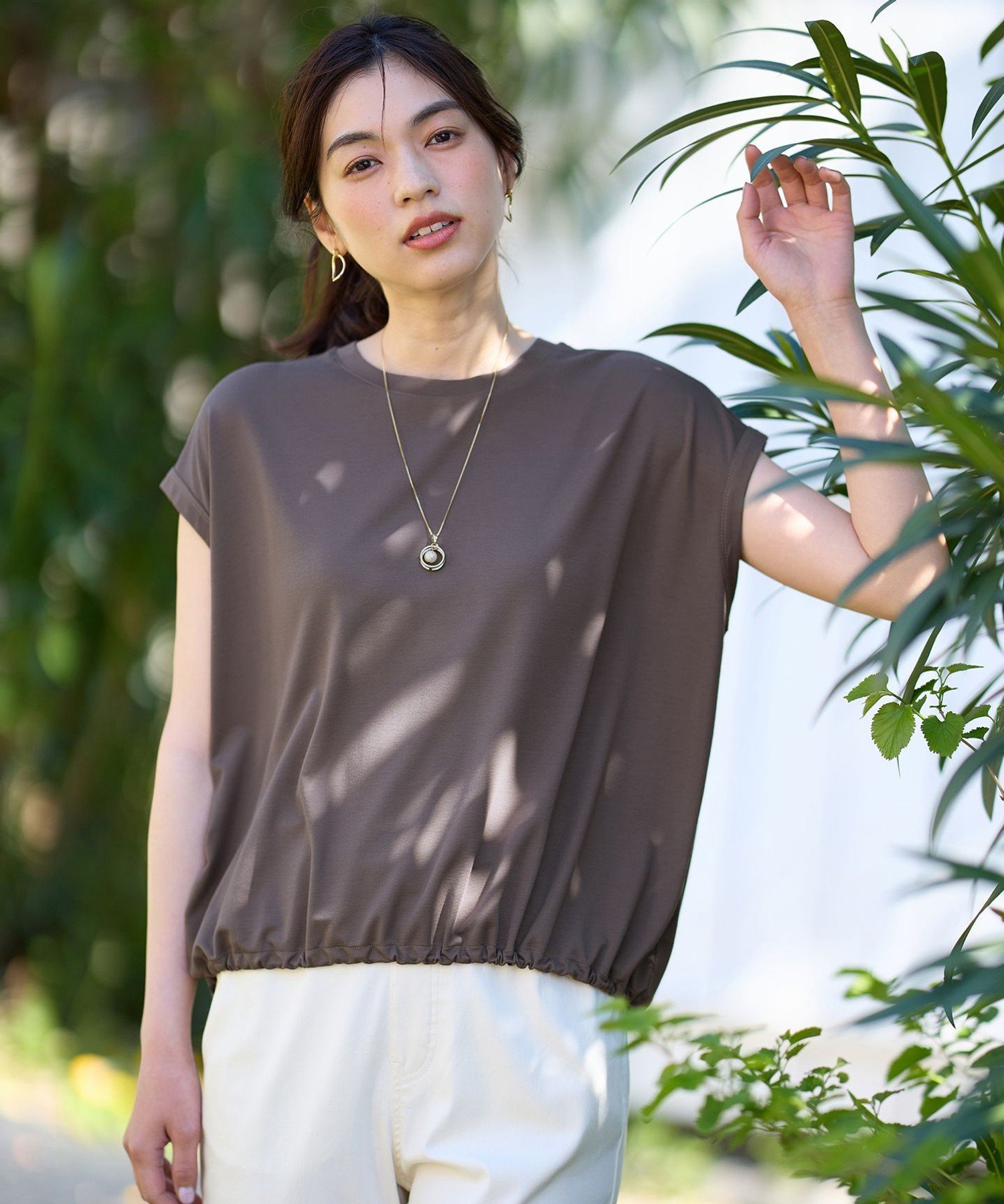 L シルケットスムースドロストTシャツ エニィ トップス カットソー・Tシャツ ブラック ブラウン ホワイト