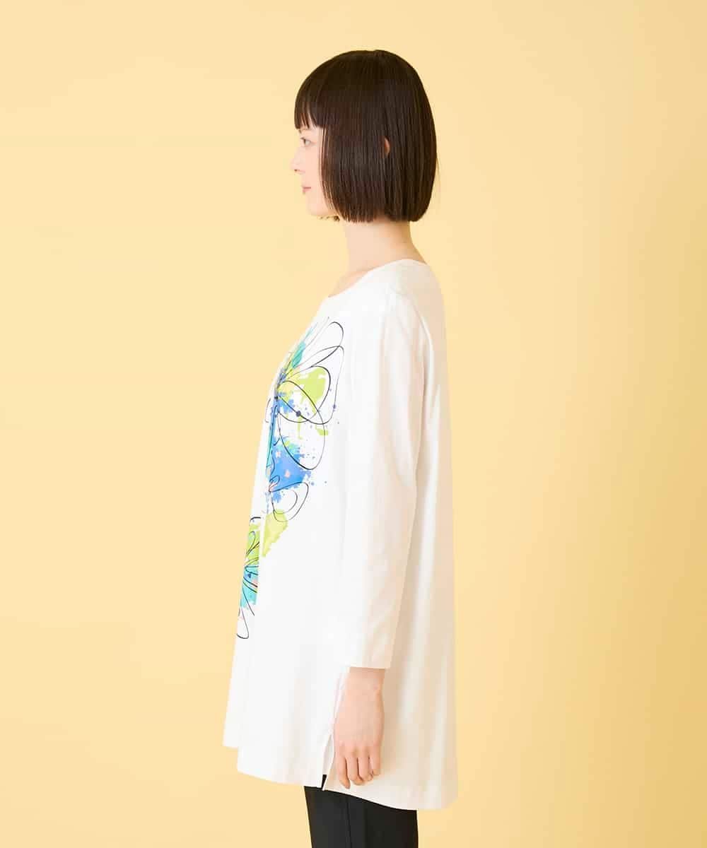 HIROKO BIS ドローイングフラワーチュニックカットソー /洗える ヒロコ ビス ワンピース・ドレス チュニック ネイビー ホワイト
