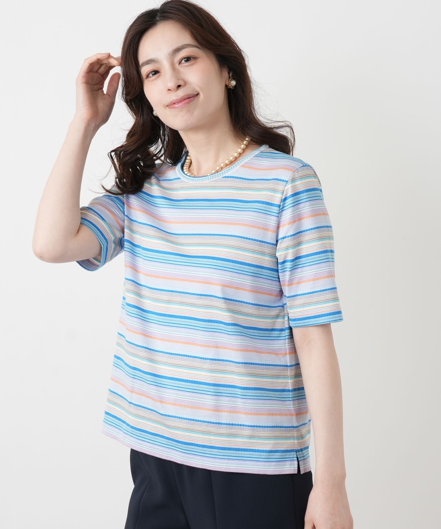 Leilian マルチカラーボーダーTシャツ【Leilian WHITE LABEL】 レリアン トップス カットソー・Tシャツ レッド ホワイト