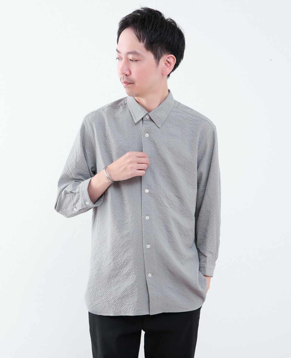 MEN'S MELROSE リップルサッカー レギュラーカラー8分袖シャツ メンズメルローズ トップス シャツ・ブラウス ホワイト ネイビー