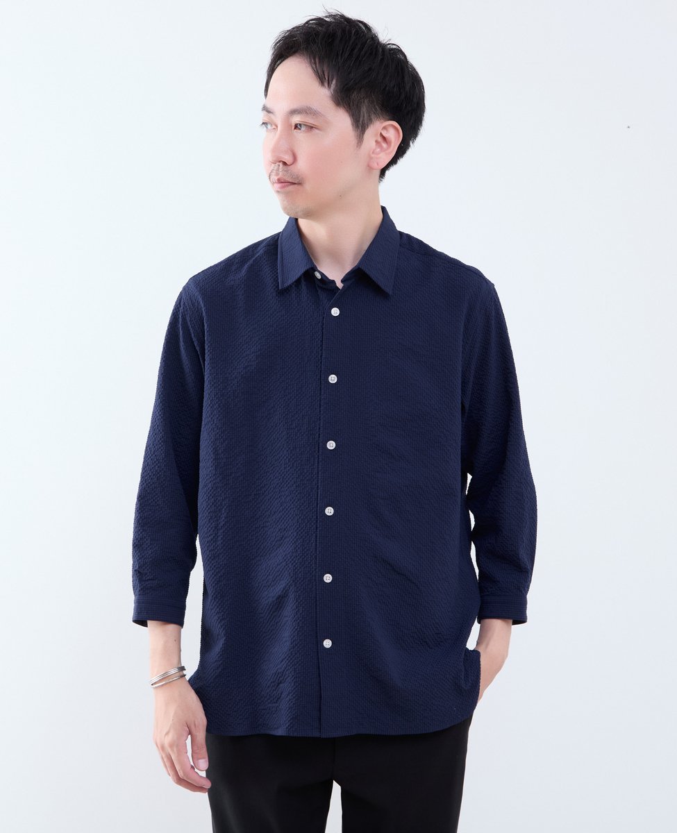 MEN'S MELROSE リップルサッカー レギュラーカラー8分袖シャツ メンズメルローズ トップス シャツ・ブラウス ホワイト ネイビー