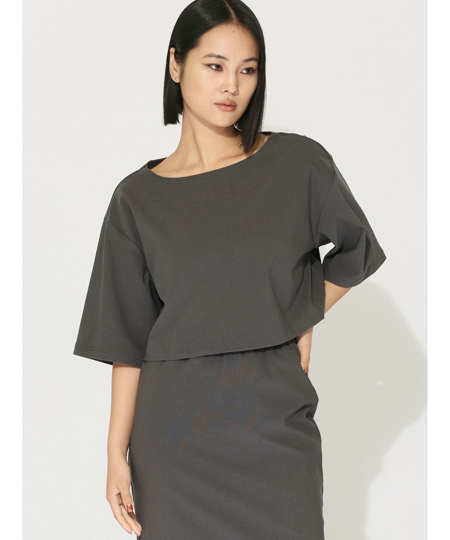 MIDIUMISOLID MIDIUMISOLID for Ladies リブショートプルオーバー マーコート トップス カットソー・Tシャツ グレー ベージュ...