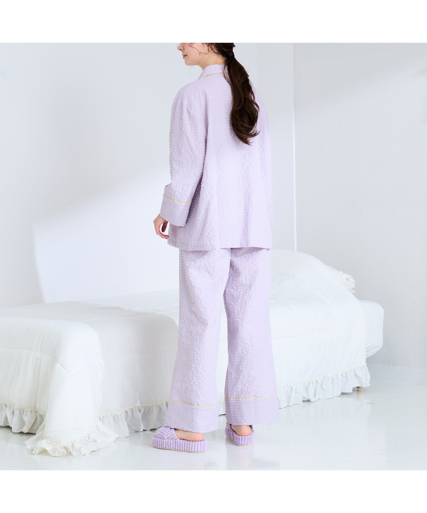 ロゴ刺繍 チェックジャガードパジャマ パープル