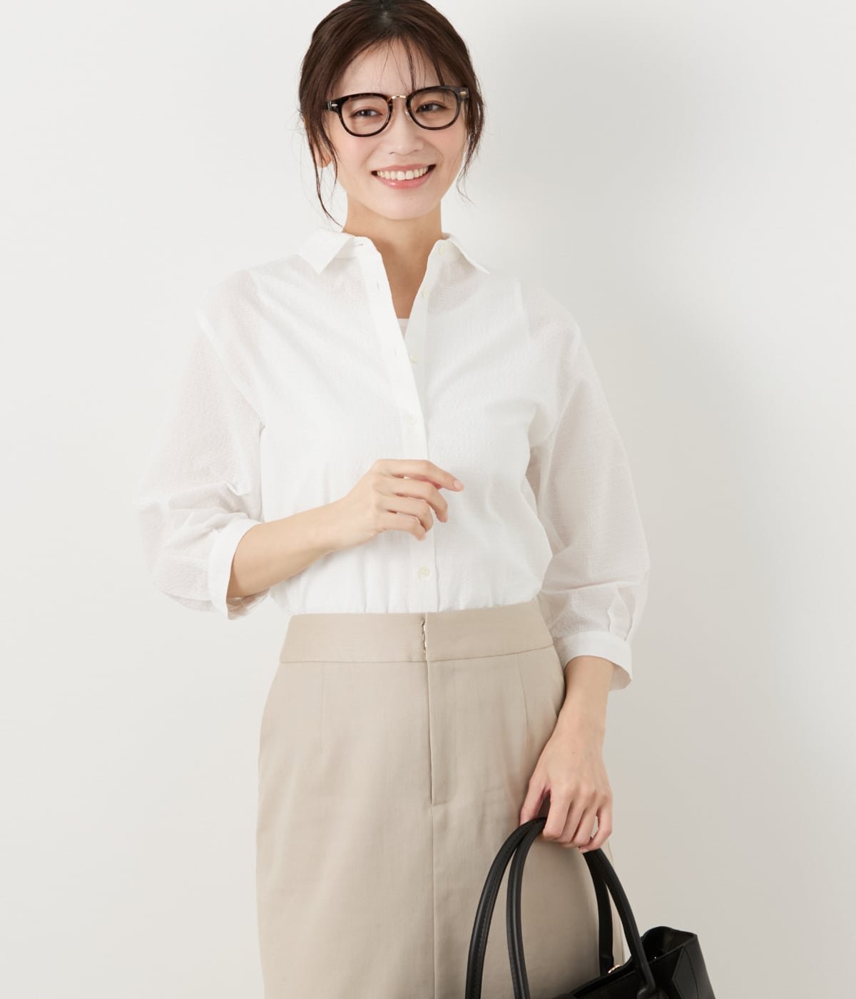 乐天商城 - 【SALE／25%OFF】NEWYORKER WOMEN L-SIZE 【L】TCサッカー タックスリーブ7分袖シャツ ニューヨーカー エルサイズ トップス シャツ・ブラウス ホワイト ブラック【送料無料】