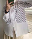 【SALE/30%OFF】aimoha - select - aimoha -select-/ストライプ切替ノーカラーシャツ アイモハ トップス シャツ・ブラウス ホワイト
