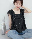 natural couture フラワー刺繍フリルショルダーキャミ ナチュラルクチュール トップス キャミソール ブラック ホワイト【送料無料】