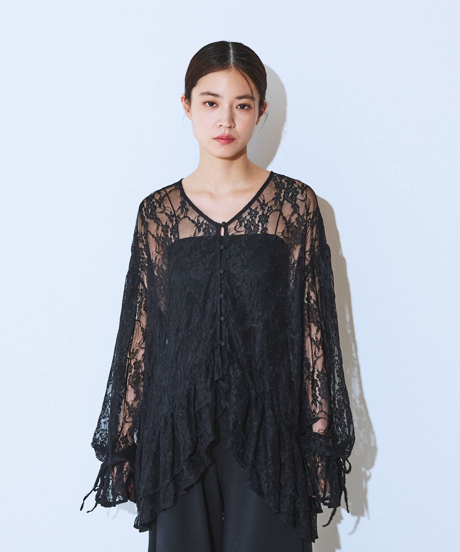 JEANASIS Wフリルヘムレースブラウス ジーナシス トップス シャツ・ブラウス ブラック ホワイト【送料..