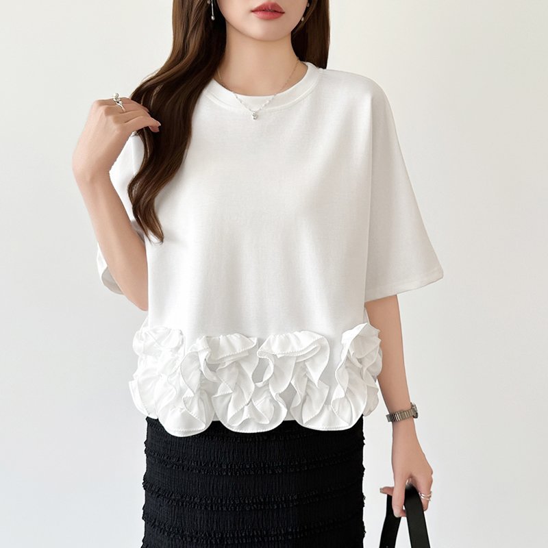 【SALE／25 OFF】COCOMOMO どこから見ても大人可愛い フリルドッキングトップス 裾フリル tシャツ カットソー ココモモ トップス カットソー Tシャツ グレー ネイビー イエロー ブラック ホワイト