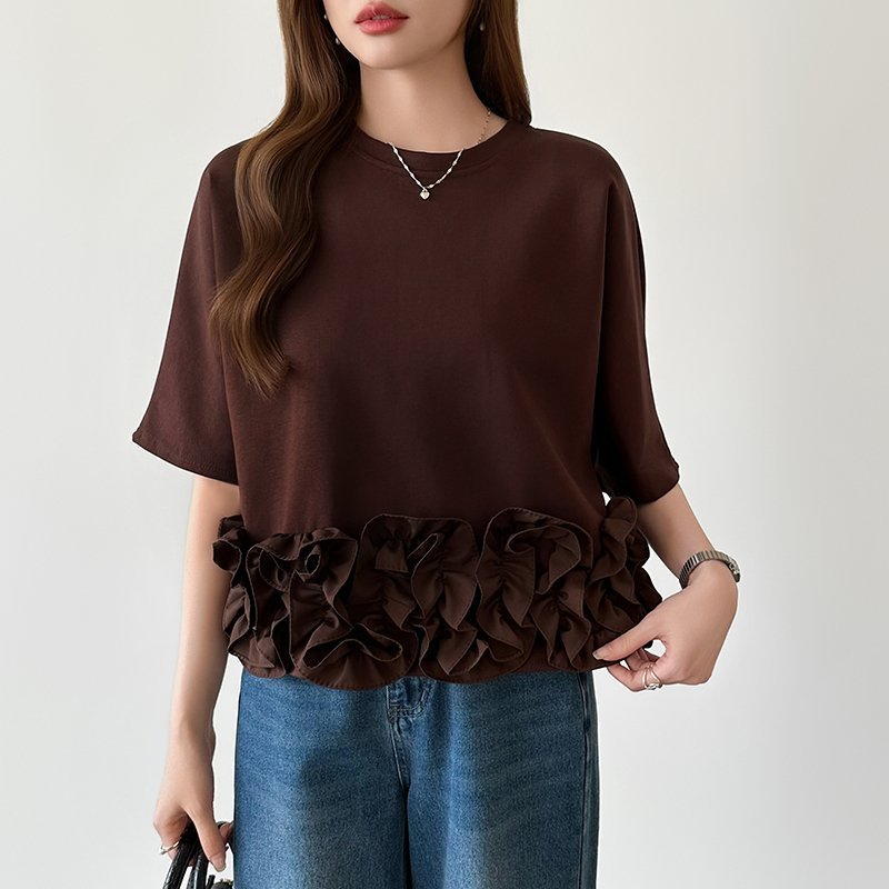 [どこから見ても大人可愛い]フリルドッキングトップス 裾フリル tシャツ カットソー ココモモ トップス カットソー・Tシャツ グレー ネイビー イエロー ブラック ホワイト