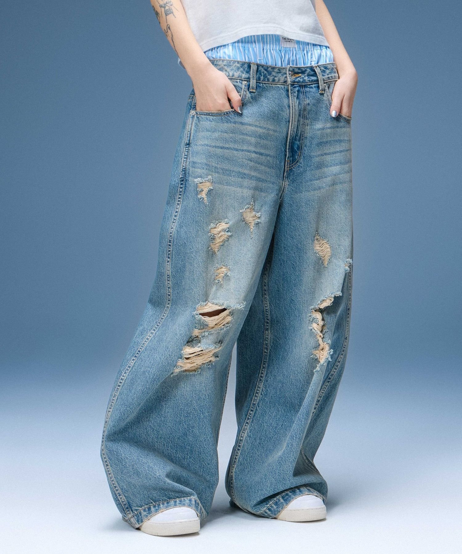 X-girl DISTRESSED BAGGY DENIM PANTS エックスガール パンツ その他のパンツ ブラック ネイビー