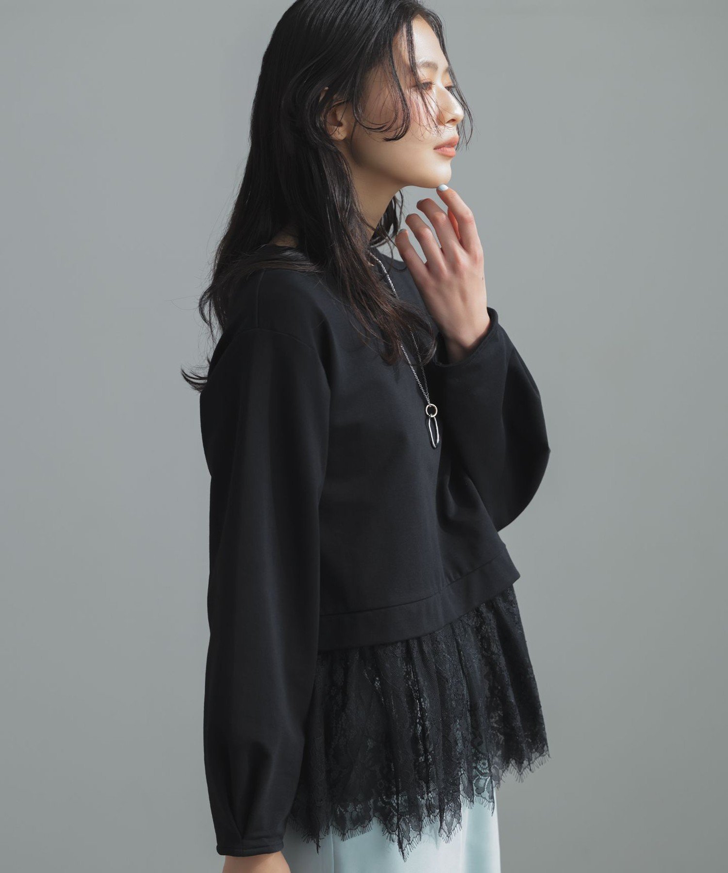 組曲 フレンチテリーレースコンビ カットソー クミキョク トップス カットソー・Tシャツ ブラック グレー