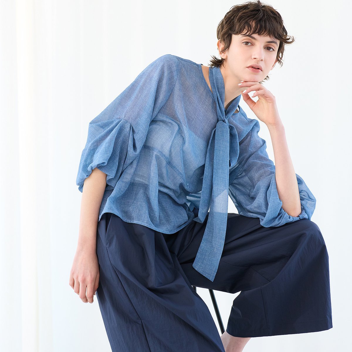 R-ISM 【セットアップ対応・洗える・S/M/Lサイズ】シフォンデニムプリントブラウス リズム トップス シャツ・ブラウス ネイビー ブルー