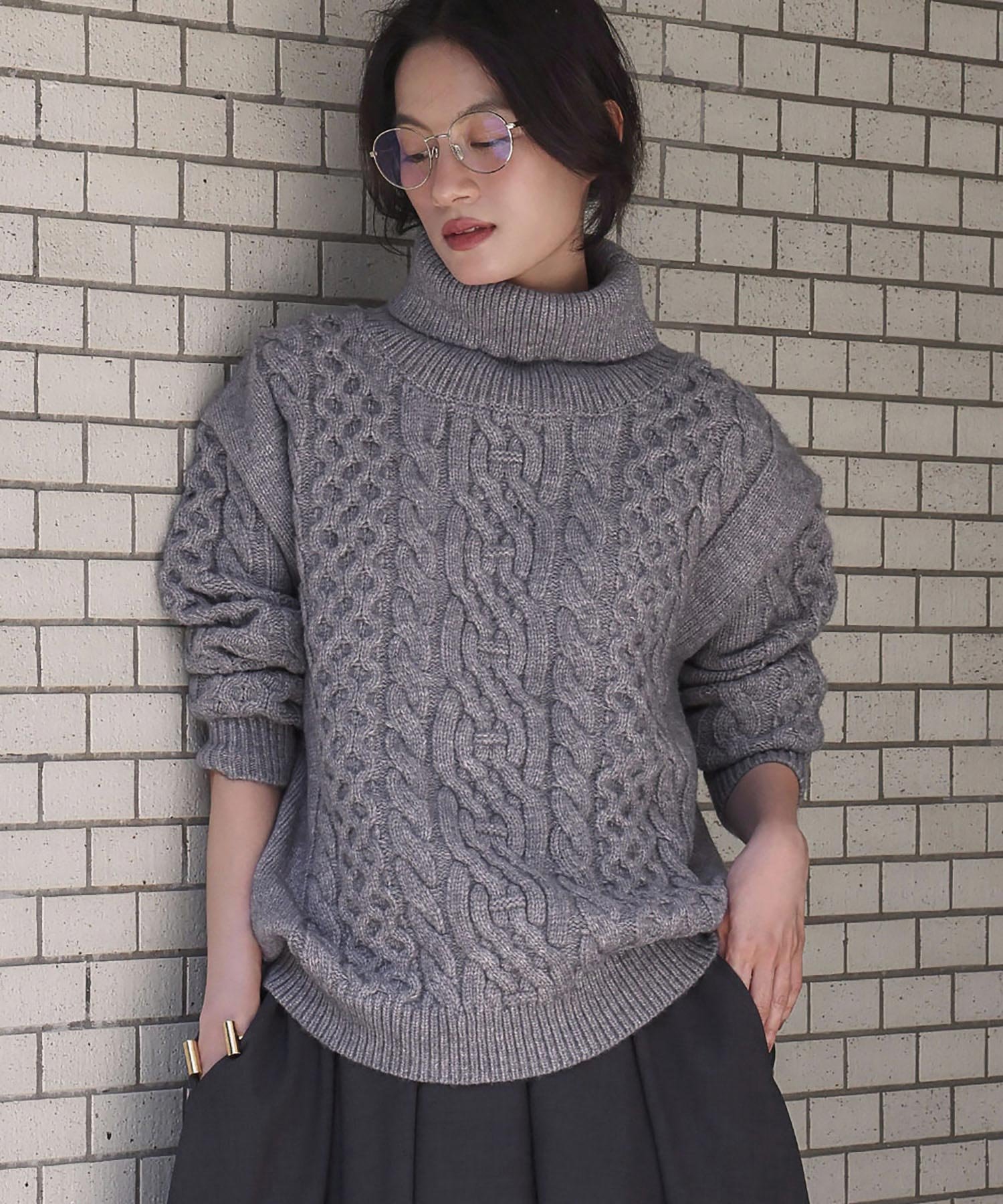 【SALE／11%OFF】ELFRANK タートルネック ケーブルニット プルオーバー ガール トップス ニット グレー..