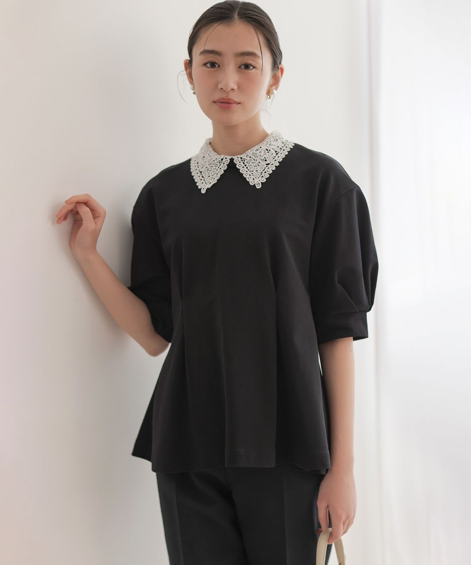 組曲 【2WAY】レース襟フレンチテリーフレア カットソー クミキョク トップス カットソー・Tシャツ グレー ブラック