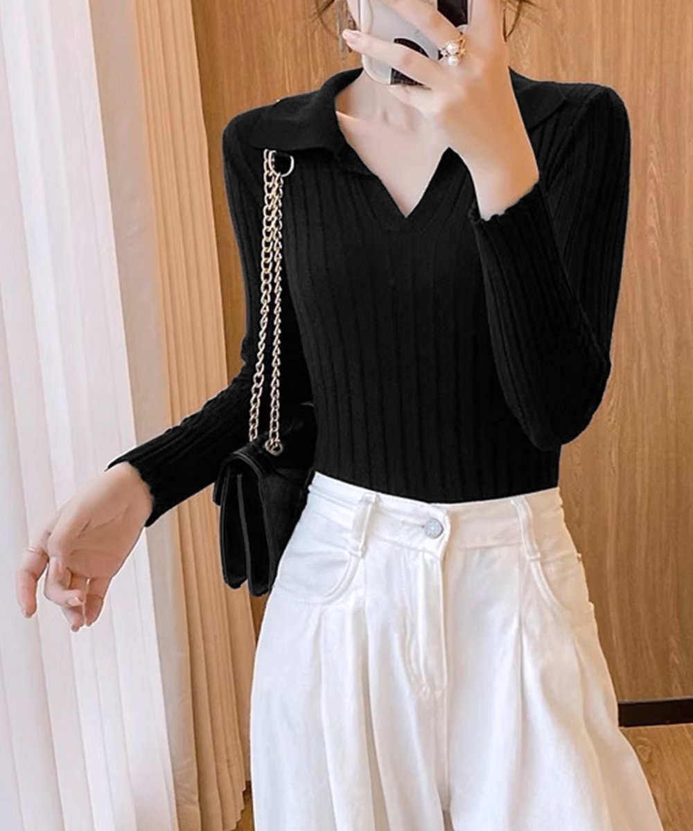 【SALE/30%OFF】miniministore ポロカラー リブニットトップス Vネック ミニミニストア トップス ニット ブラック ブラウン ホワイト