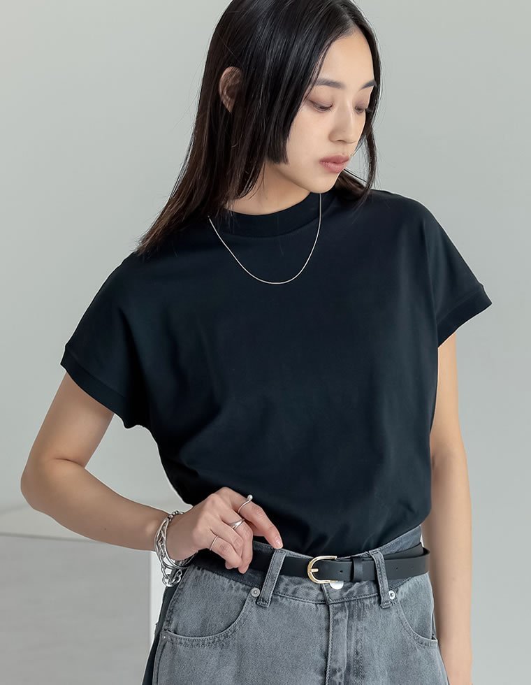 【SALE／10%OFF】Re:EDIT モックネックフレンチスリーブTシャツ リエディ トップス カットソー・Tシャツ グレー ホワイト ブラックのサムネイル