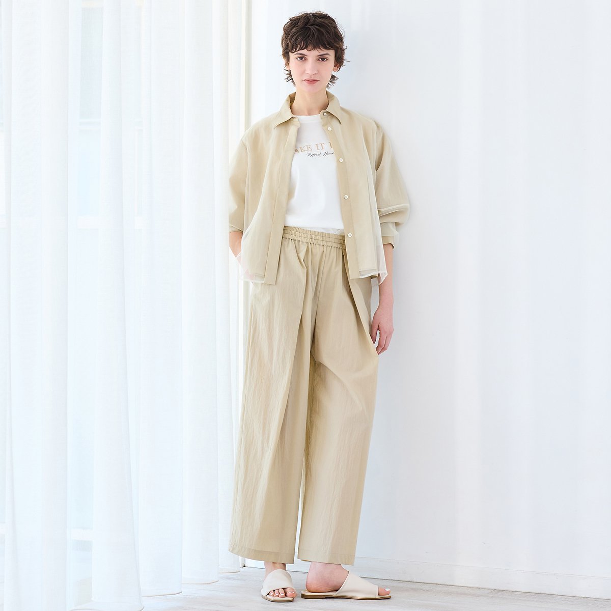 R-ISM 【セットアップ対応・接触冷感・S/M/Lサイズ】ストレッチワイドパンツ リズム パンツ チノパンツ ベージュ ネイビー