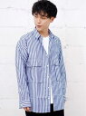 【SALE/65%OFF】GIORDANO (M)ストライプダブルポケットBIGシャツ ジョルダーノ シャツ/ブラウス 長袖シャツ ブルー ベージュ