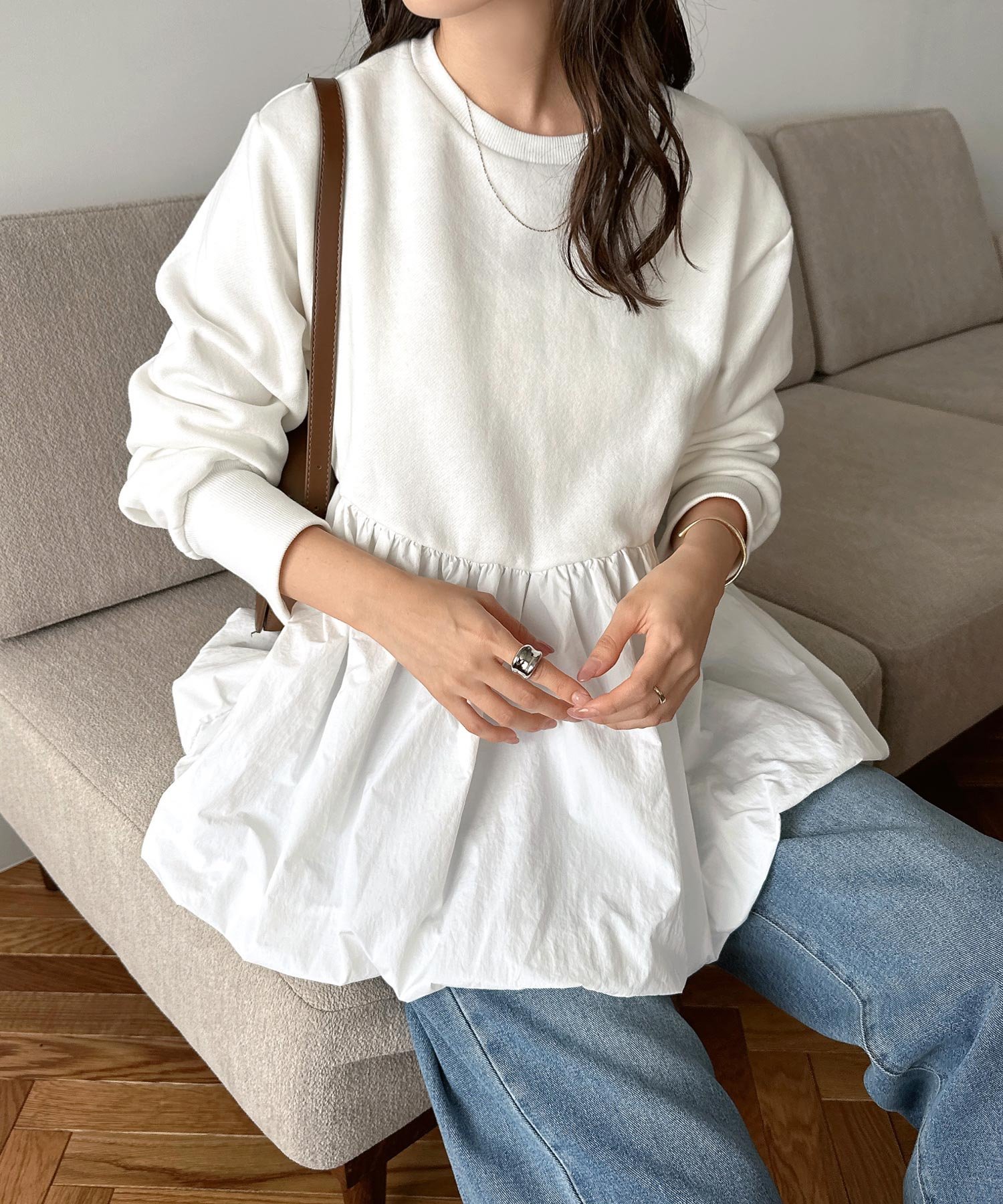 andme 裏起毛 ペプラム スウェット トップス アンドミー トップス スウェット・トレーナー ホワイト ベージュ ブルー【送料無料】のサムネイル