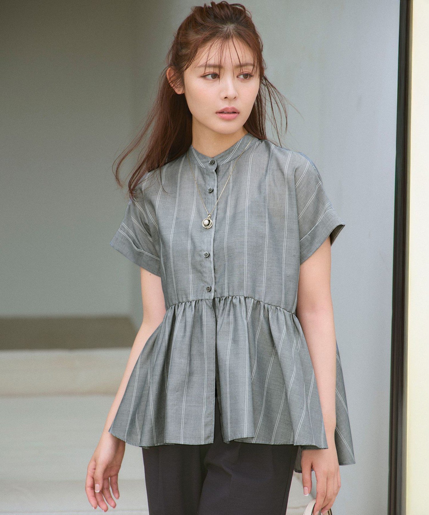 any FAM L 【洗濯機可】半袖ティアードブラウス エニィファム トップス シャツ・ブラウス ネイビー ホワイト グレー【送料無料】のサムネイル