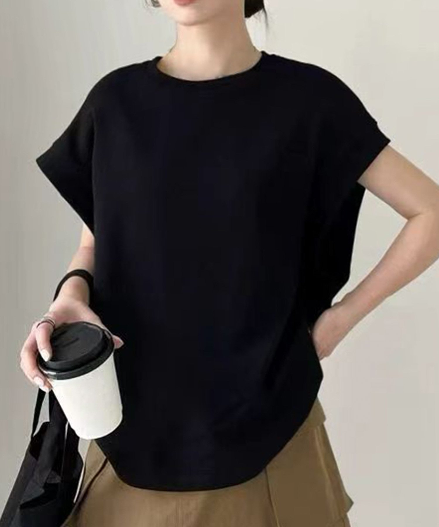 LOWO フレンチスリーブ半袖Tシャツ リバーフィールド アンド コー トップス カットソー・Tシャツ ブラック グレー ホワイト