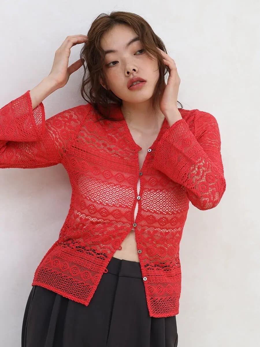 FIKA. Crochet knit cardigan ラシュッド トップス シャツ・ブラウス ブラック ホワイト レッド【送料無料】