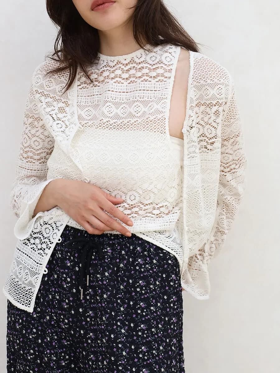 FIKA. Crochet knit cardigan ラシュッド トップス シャツ・ブラウス ブラック ホワイト レッド【送料無料】