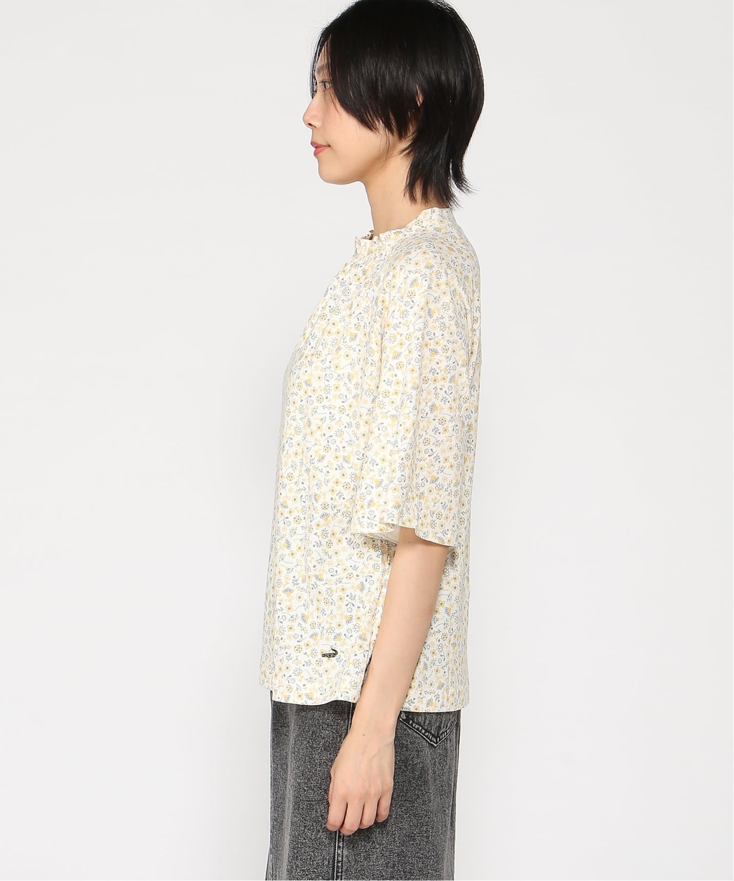 (W)小花柄 プリント カットソー クロコダイル トップス カットソー・Tシャツ イエロー ブルー