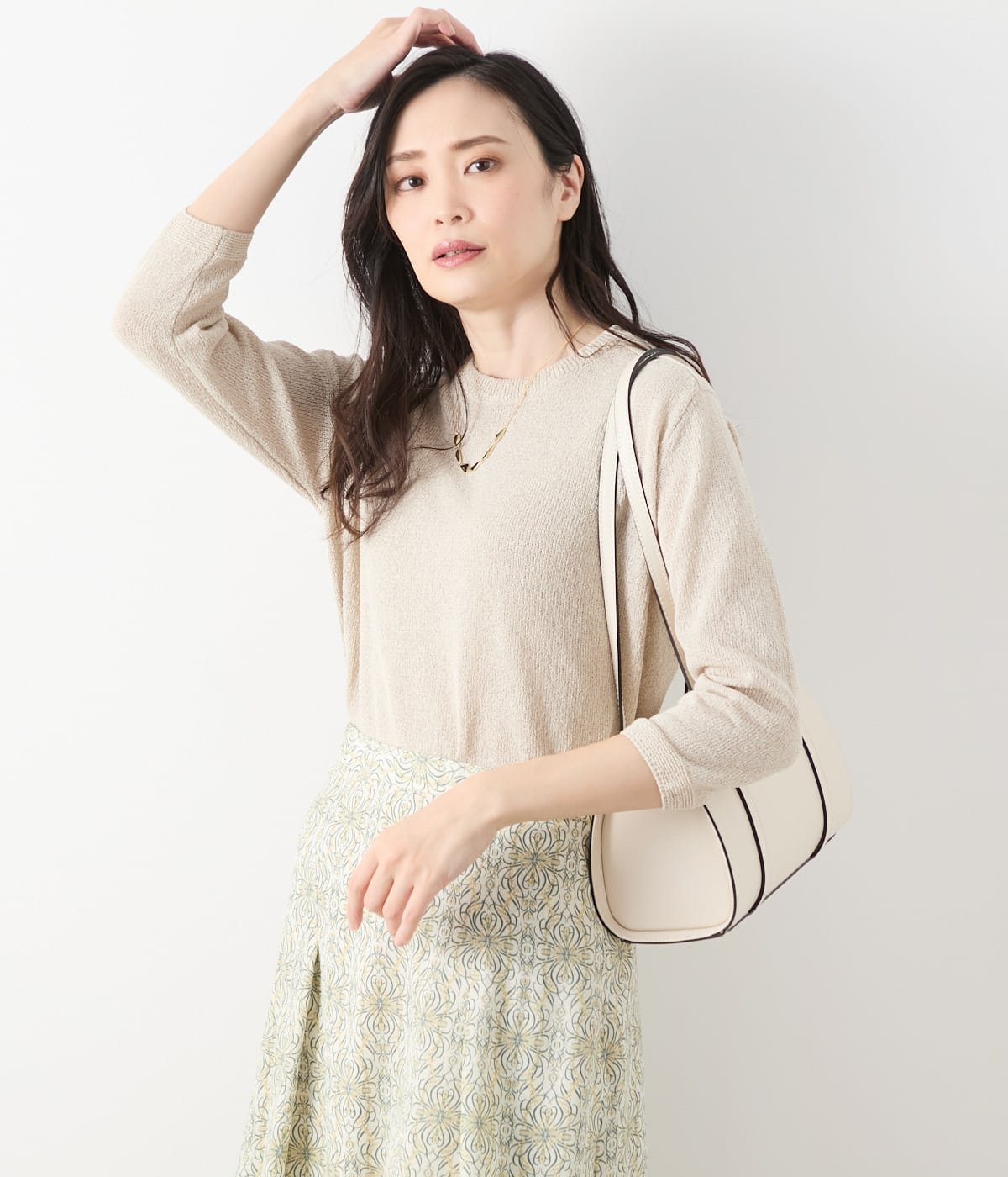 NEWYORKER WOMEN L-SIZE 【L】和紙ポリエステル クルーネック7分袖プルオーバー ニューヨーカー エルサイズ トップス ニット ブルー ベージュ オレンジ