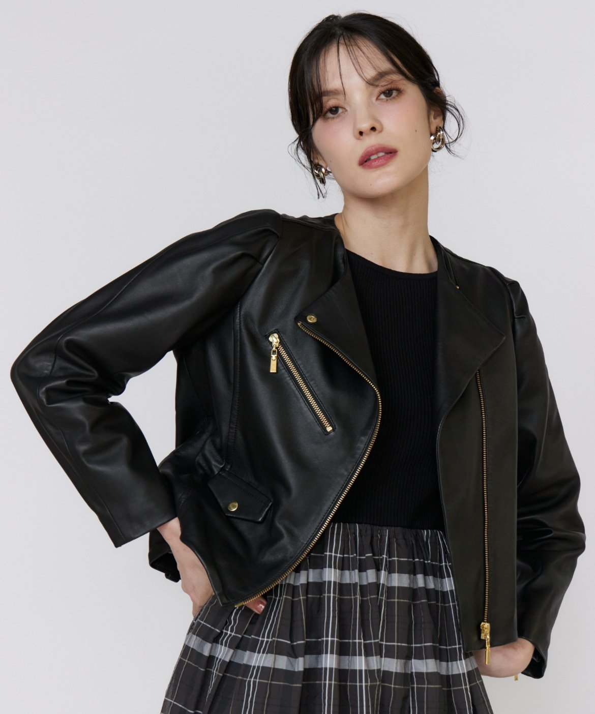 Maglie par ef-de 《大きいサイズ》スパニッシュラムレザーブルゾン《M Maglie le cassetto》 マーリエ ル カセット ジャケット・アウター その他のジャケット・アウター ブラック