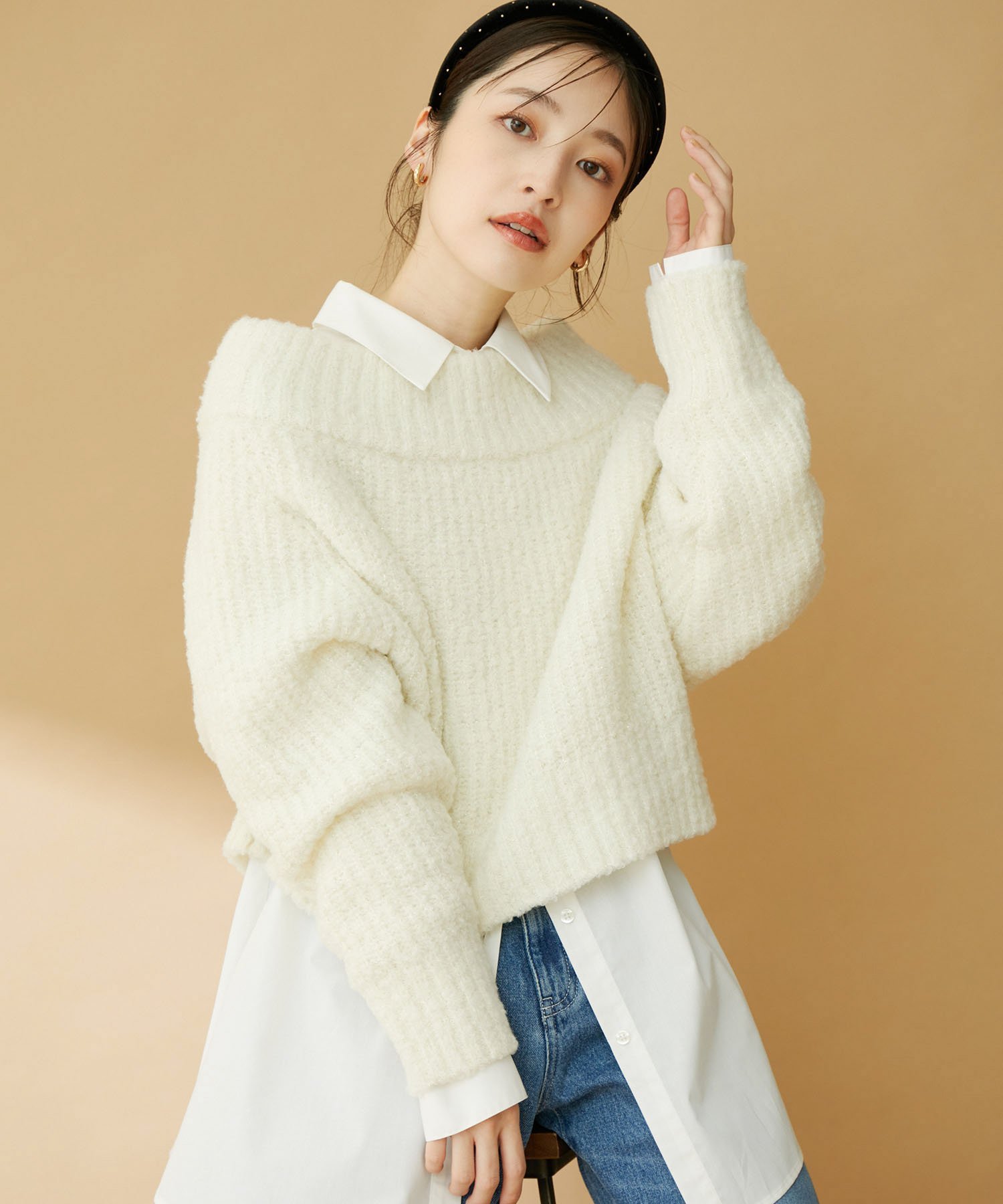 【SALE／50%OFF】VIS ショート丈オフショルニット ビス トップス ニット ホワイト グリーン イエローのサムネイル