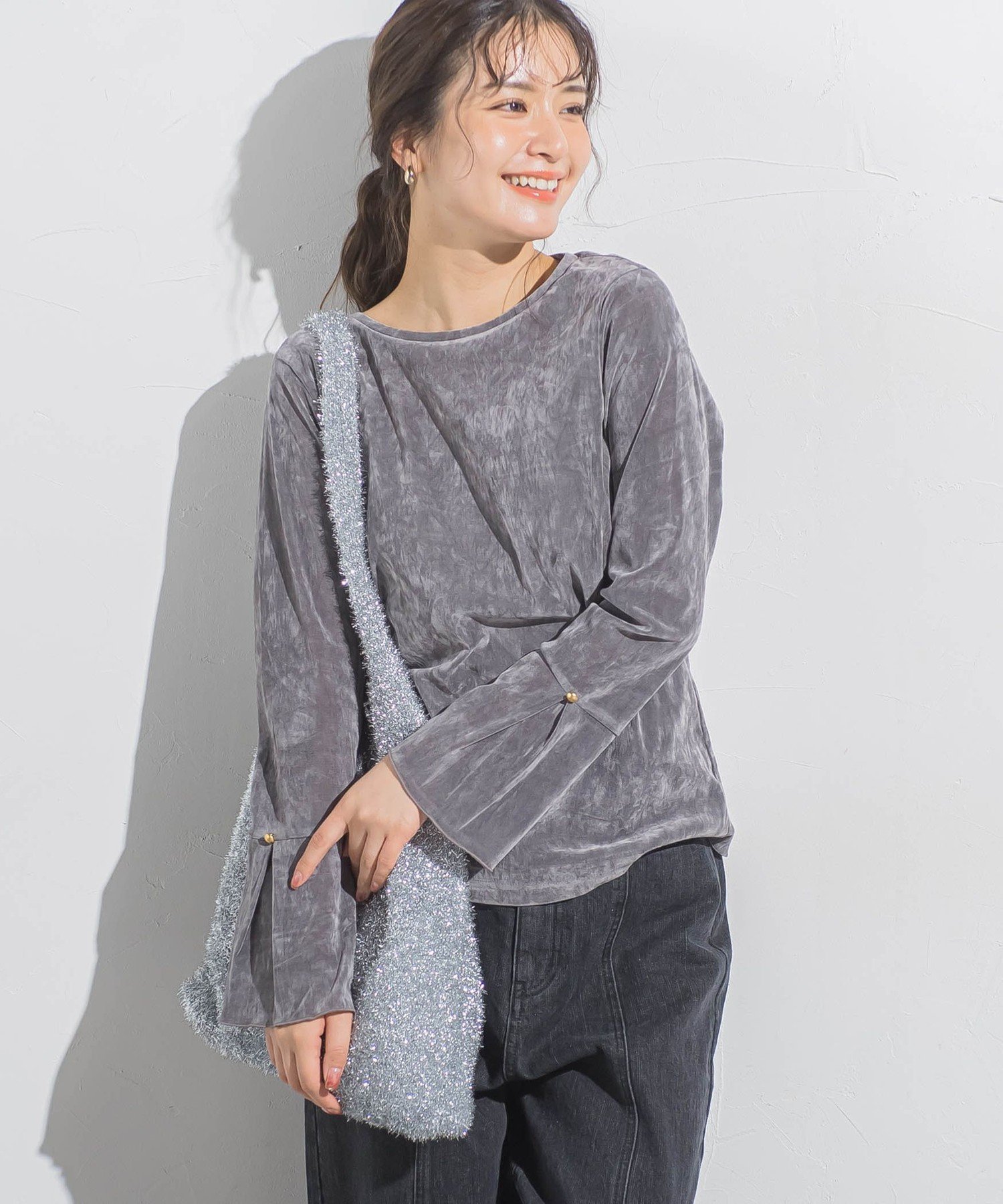 VICKY チュールフロッキーフレアースリーブ≪手洗い可能≫ ビッキー トップス カットソー・Tシャツ ブラック グレー ホワイト