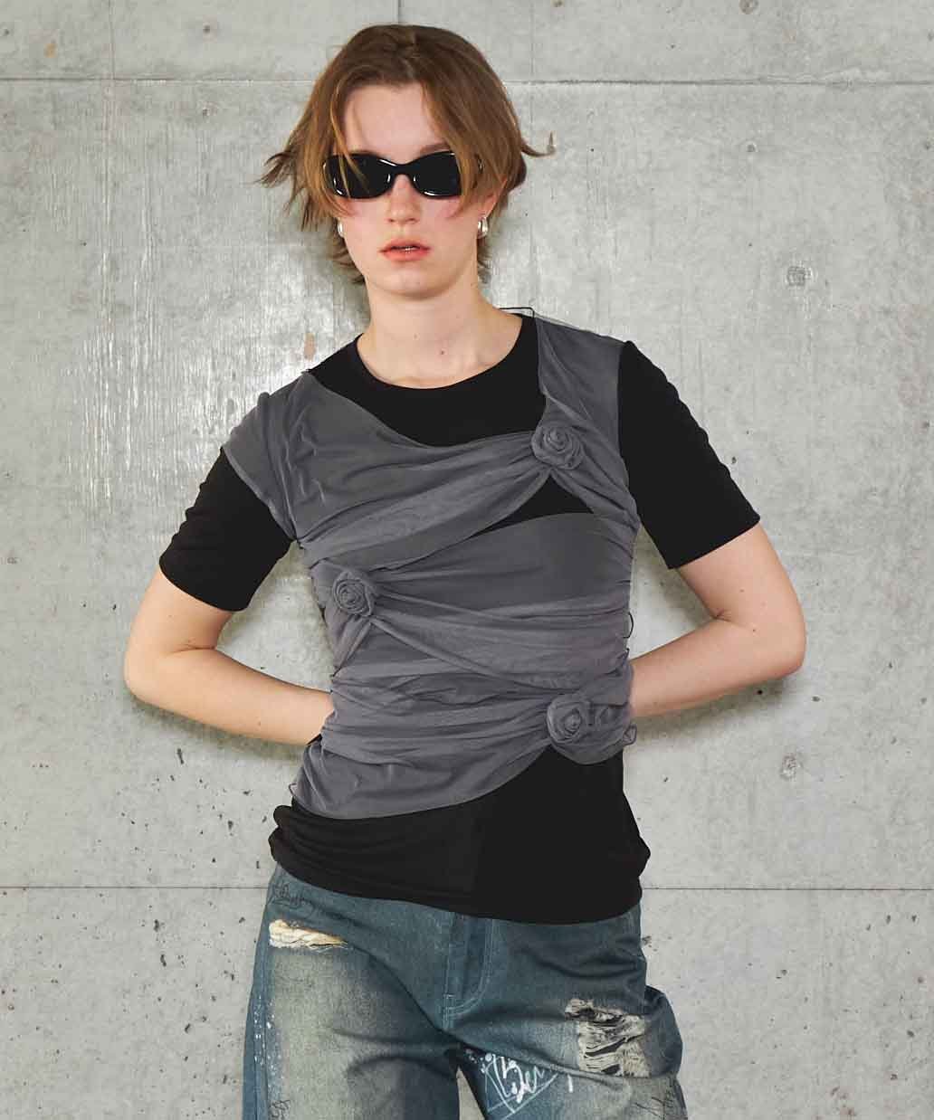 MAISON SPECIAL Flower Motif Tulle Layered Tops メゾンスペシャル トップス カットソー・Tシャツ ブラック グレー