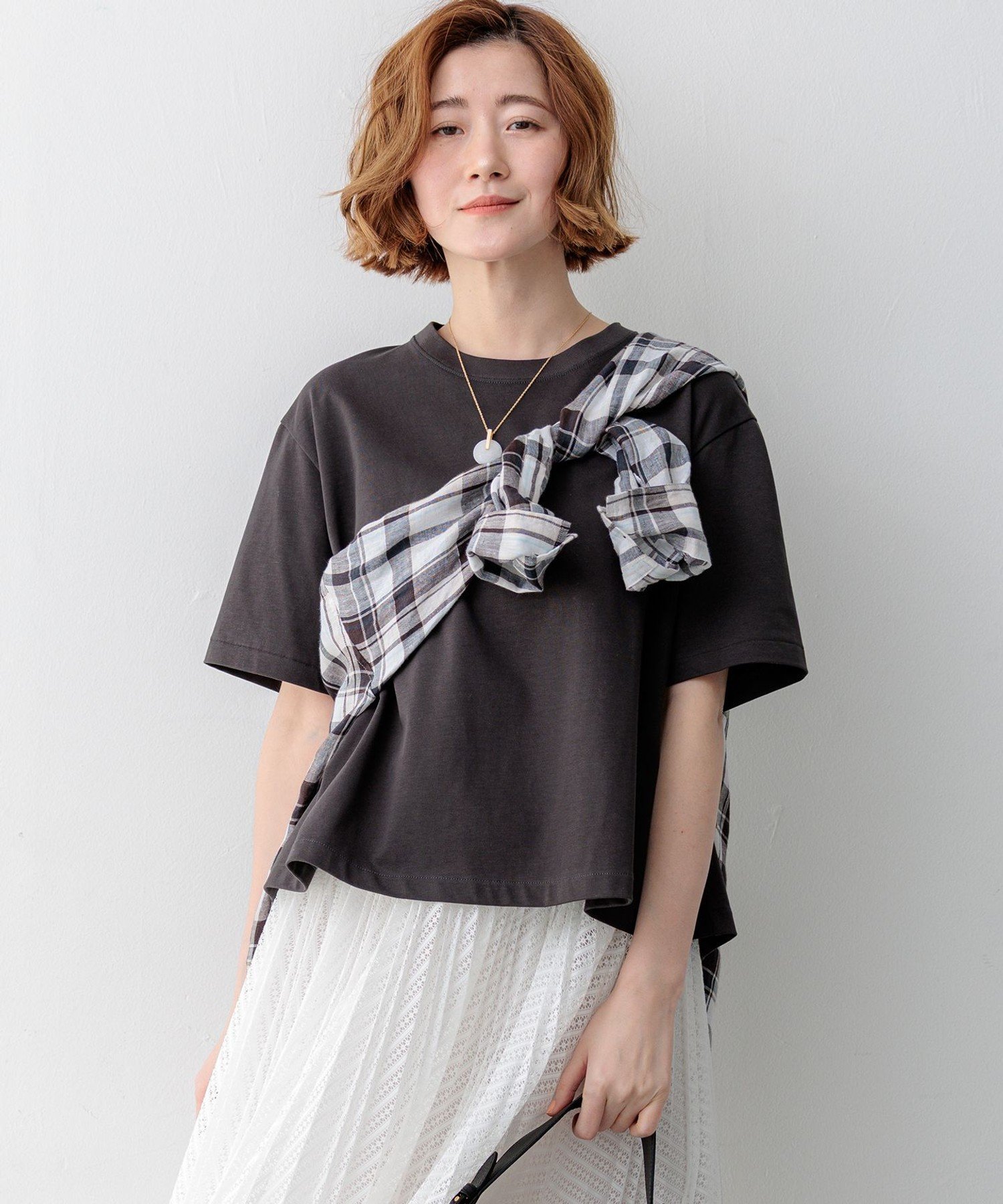 23区 スビンギザコットン フレア Tシャツ ニジュウサンク トップス カットソー・Tシャツ グレー ブラウン ホワイト ブルー