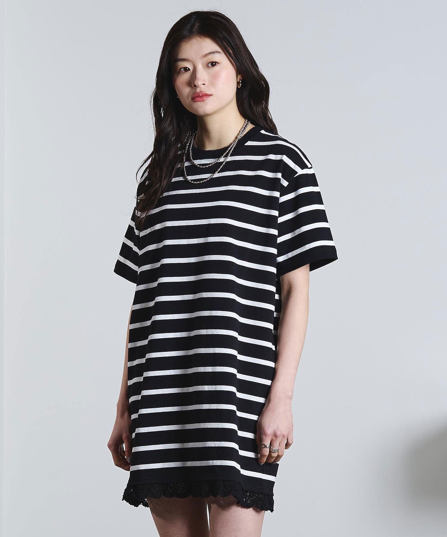 ROSE BUD STRIPE H/S MINI CUT DRESS ローズバッド ワンピース・ドレス ワンピース ブラック ホワイト