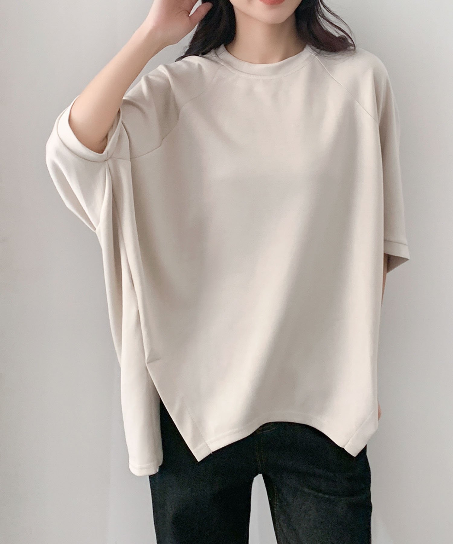 LOWO 二の腕カバー 体型カバー ゆったりシルエットカットソー オーバーサイズ リバーフィールド アンド コー トップス カットソー・Tシャツ ブラック グレー ホワイト