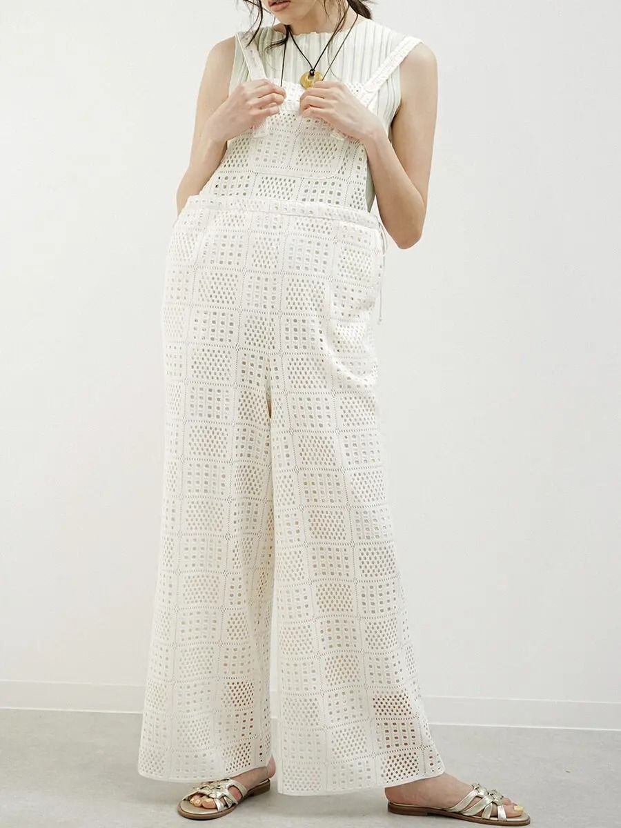 FIKA. Motif lace overalls ラシュッド オールインワン・オーバーオール オーバーオール・サロペット ホワイト ブラック【送料無料】