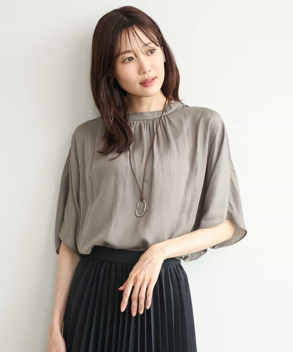 MK MICHEL KLEIN [UVカット/接触冷感/洗える]五分袖ドルマンスリーブサテンブラウス エムケーミッシェルクラン トップス シャツ・ブラウス ブラウン カーキグリーン