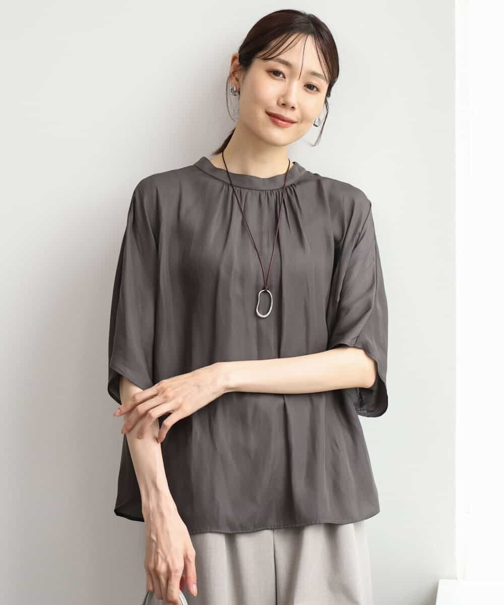 MK MICHEL KLEIN [UVカット/接触冷感/洗える]五分袖ドルマンスリーブサテンブラウス エムケーミッシェルクラン トップス シャツ・ブラウス ブラウン カーキグリーン
