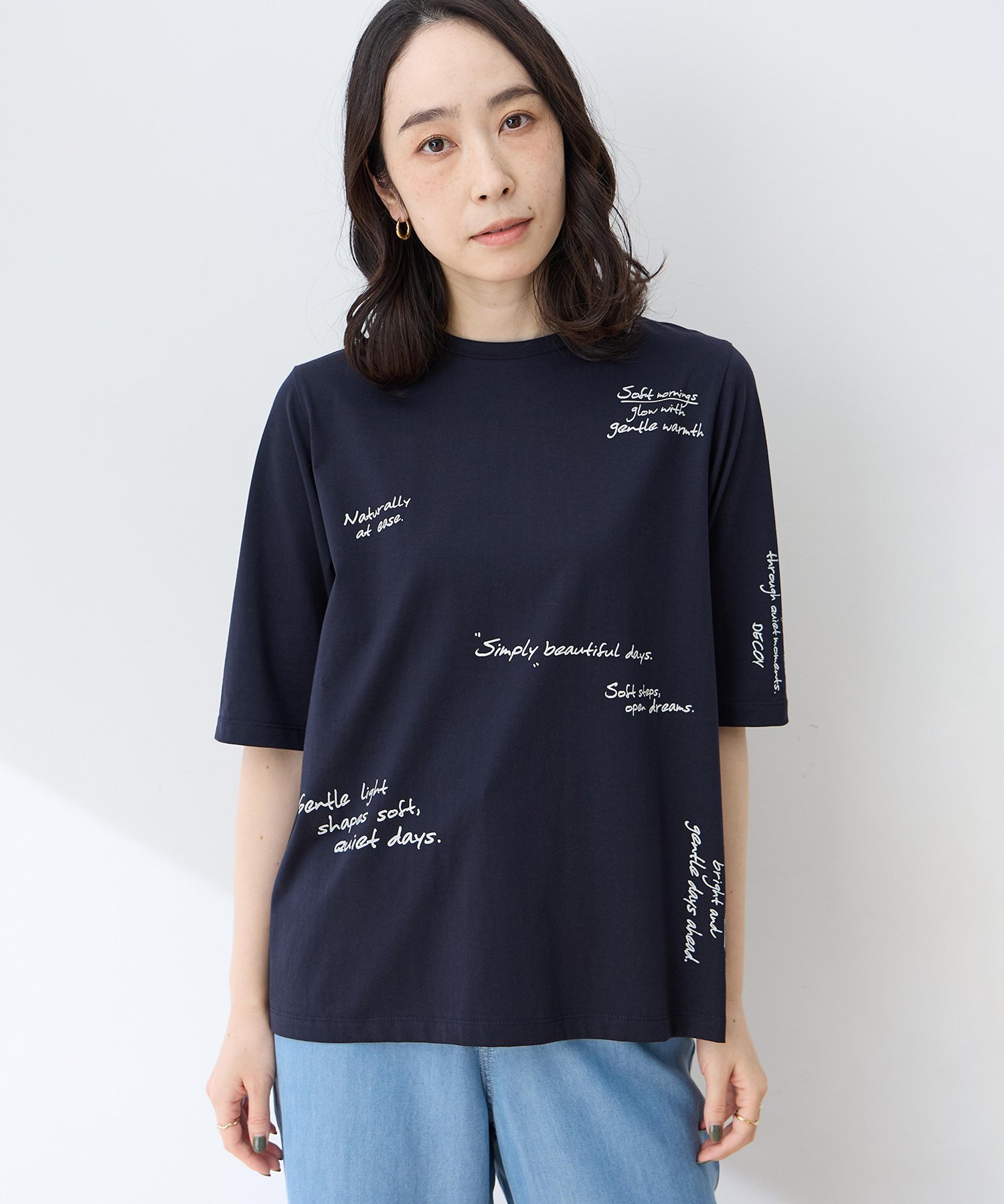 【ひやさらコットン】メッセージプリントバックタック6分袖Tシャツ【綿100%・接触冷感・UVカット】 デコイシンス1981 トップス カットソー・Tシャツ レッド ブラウン ネイビー