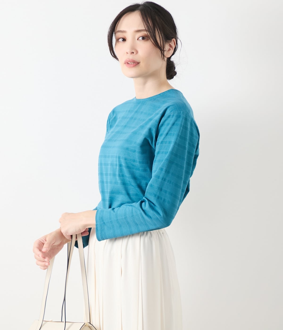 NEWYORKER WOMEN L-SIZE 【L】コットンポリエステルボーダー 前後2WAYカットソー ニューヨーカー エルサイズ トップス カットソー・Tシャツ ホワイト