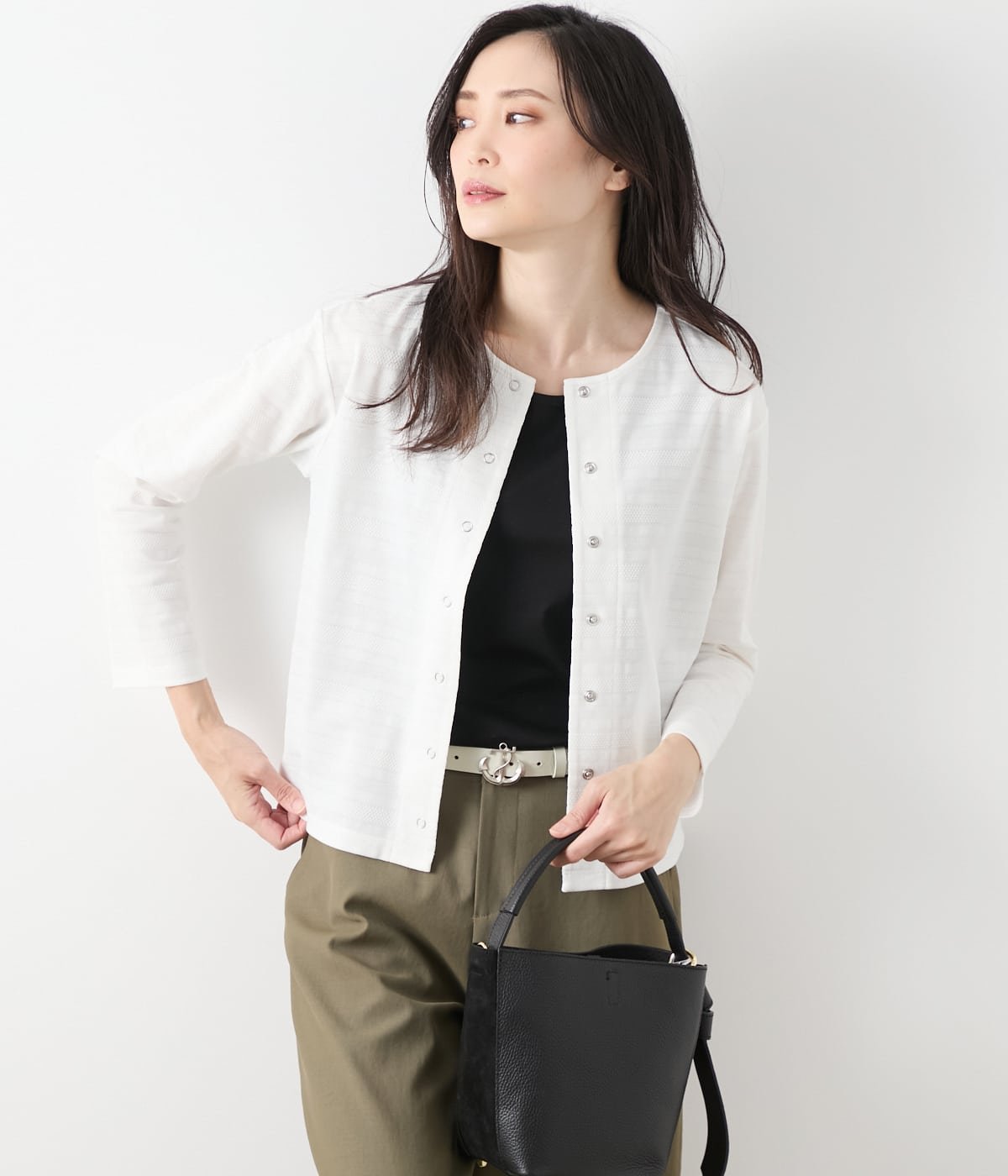 NEWYORKER WOMEN L-SIZE 【L】コットンポリエステルボーダー 前後2WAYカットソー ニューヨーカー エルサイズ トップス カットソー・Tシャツ ホワイト