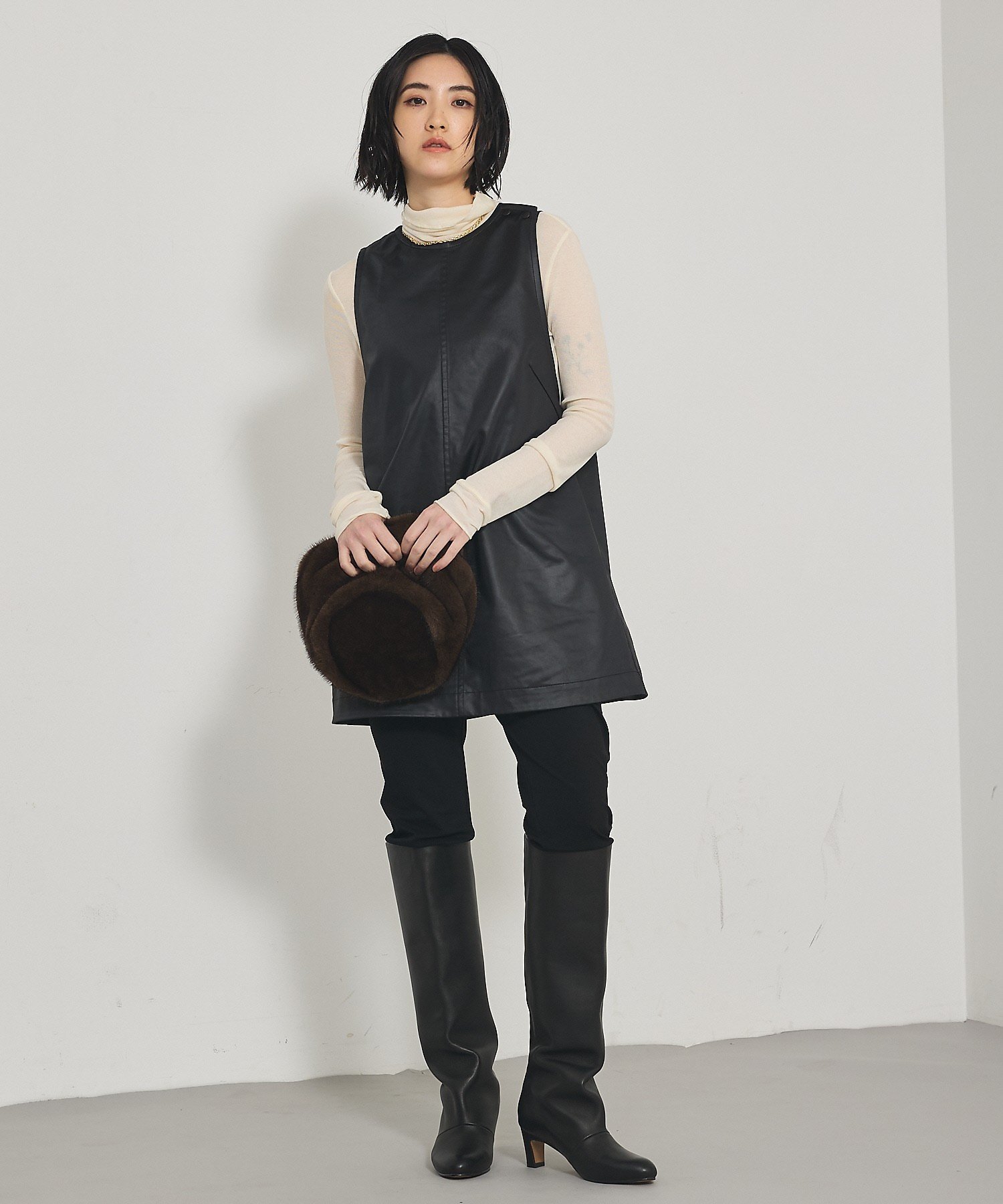 qualite レザーライクフレアージレ カリテ ワンピース・ドレス チュニック ブラック
