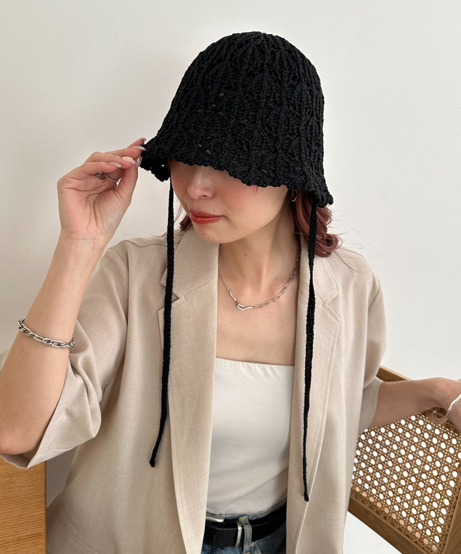 Discoat レース編みコードハット ディスコート 帽子 その他の帽子 ブラック ホワイト